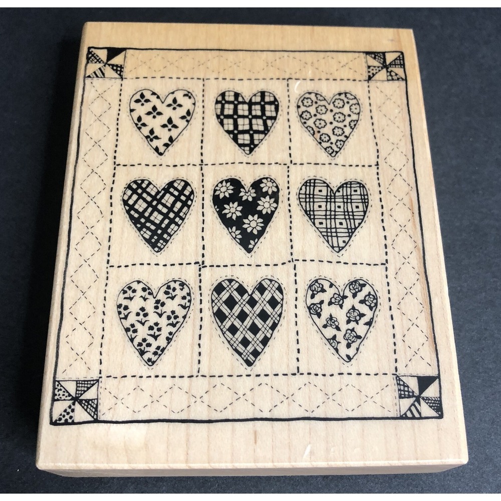 PSX Rubber Stamp Heart Quilt Patchwork Blanket Design K-1414 Wood Mounted